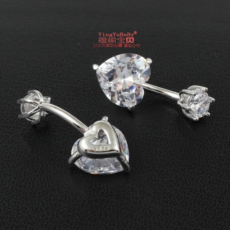 925 pure silver belly button ring real genuine silver navel ring body piercing jewelry heart stone zircon pin length 6 8 10 mm. 