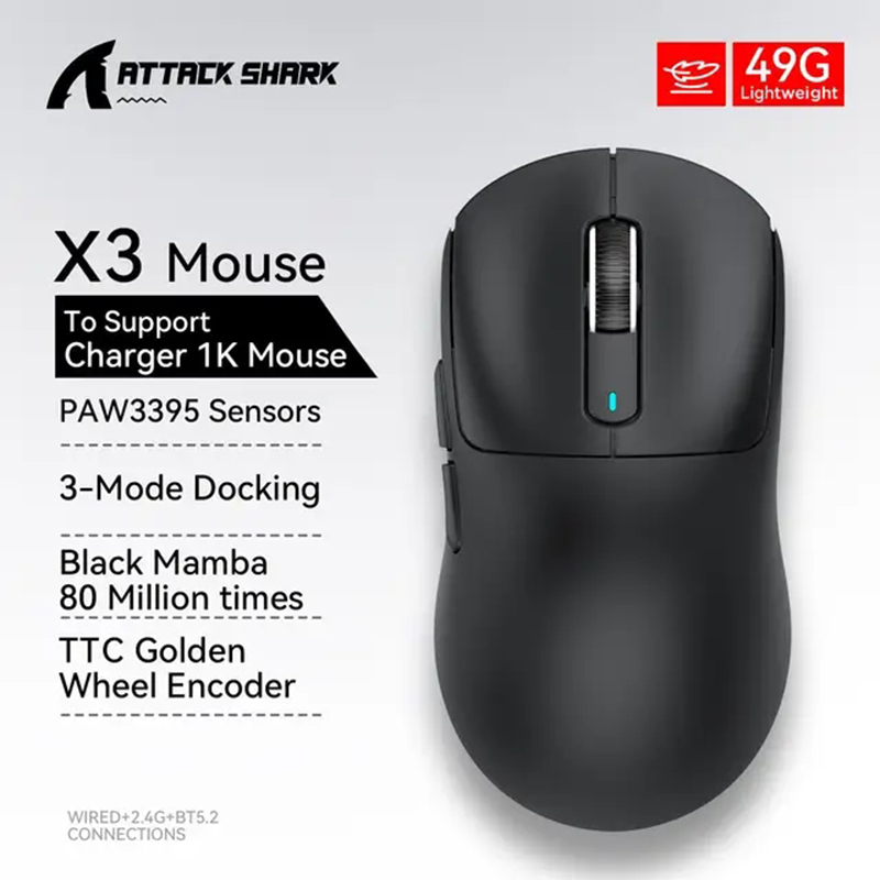 Attack Shark X3 Wired Tri-Mode Bluetooth 2.4G Wireless Mouse Lightweight Macro 26000DPI 650IPS TTC Encoder Gaming Mice. 