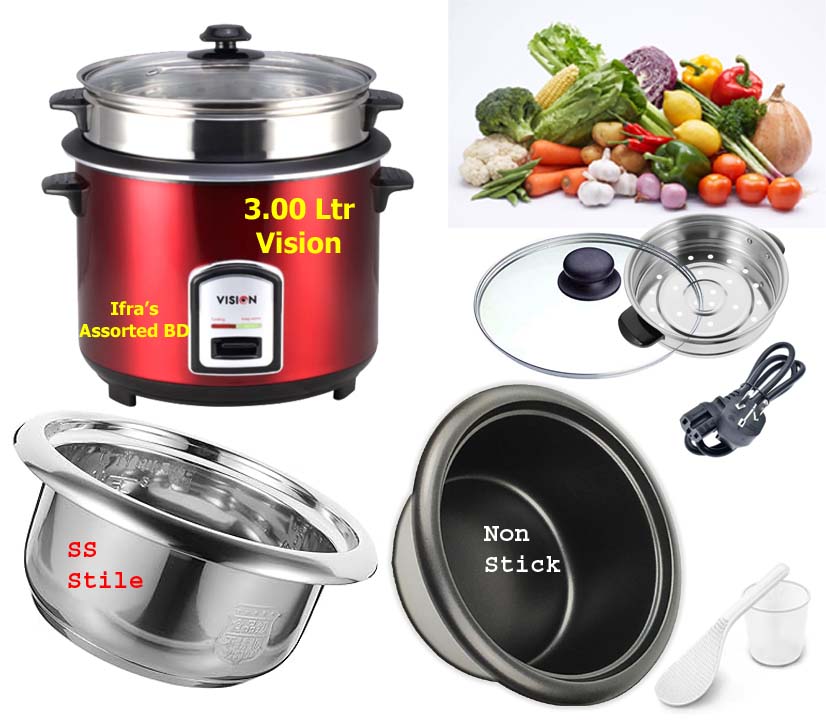 Vision 3.00 Liter 3 IN 1 Automatic Rice Cooker - Double Pot (SS and Non Stick) with Glass Lid