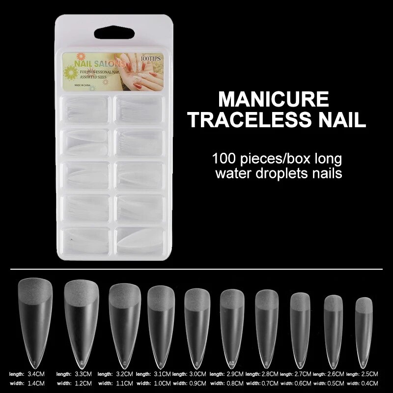 100pcs/Box Clear Seamless Acrylic Press on False Nails T-shaped Nails Water Drop Nails Tips for Extension Manicure Tools. 