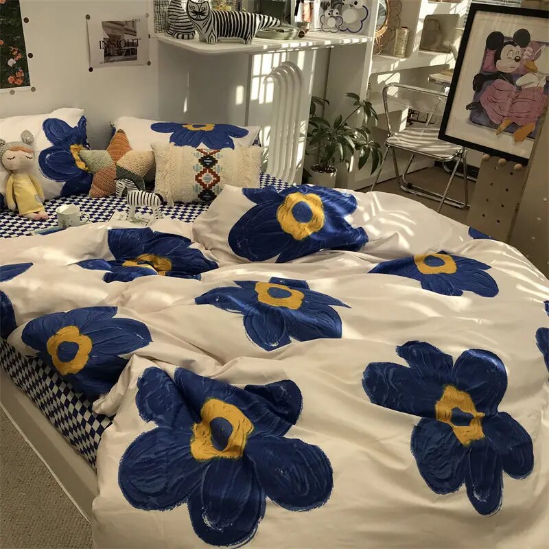 Minimalist Bedding Set of Four Pieces Girl Heart Pink Small Grid Bedding Set Bed Sheets Dormitory Three Piece Set. 