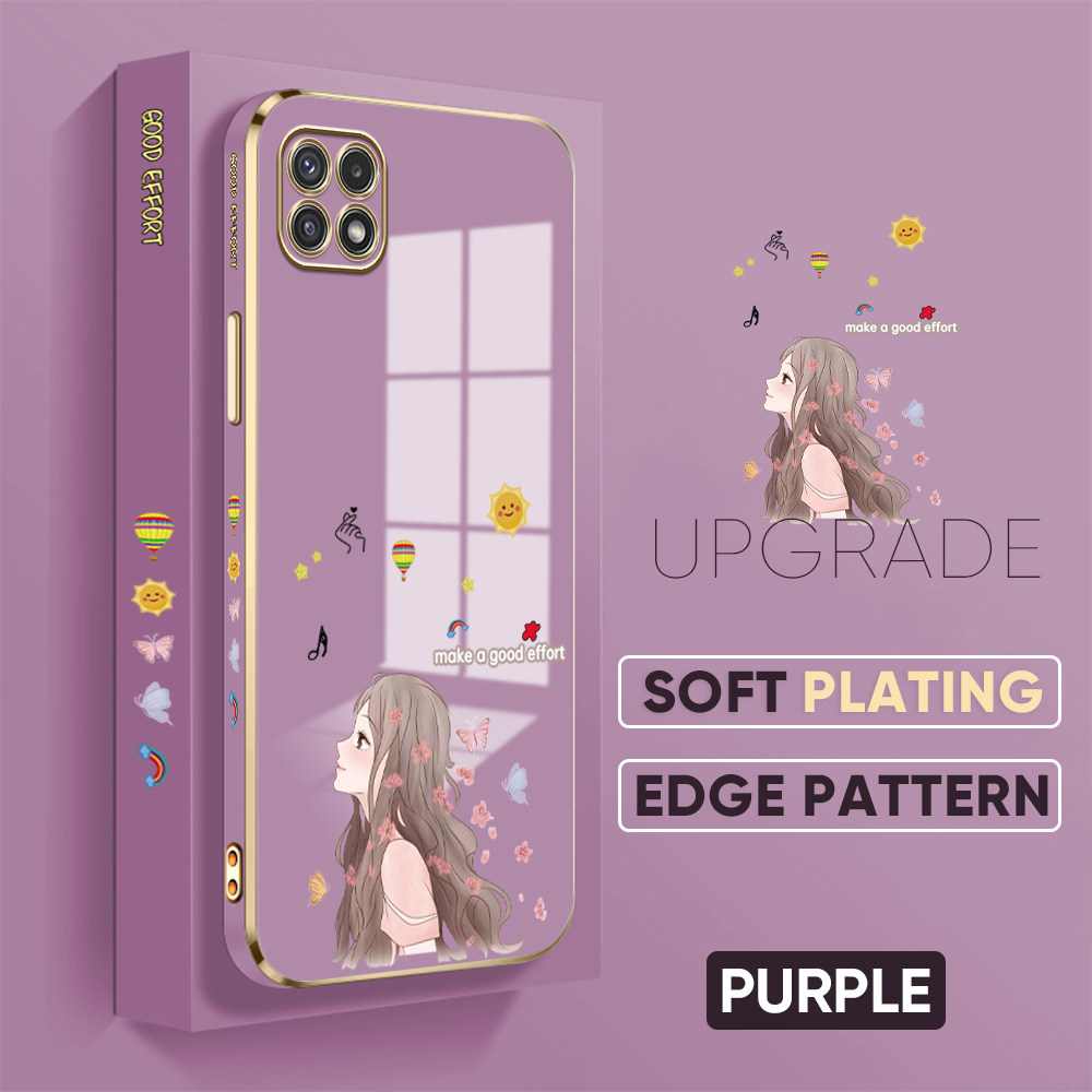 TA for Samsung Galaxy A22 5G Back Cover + Free Lanyard Charming Girl Luxury 6D Plating Case Side Pattern Soft Silicone Square Phone Cases