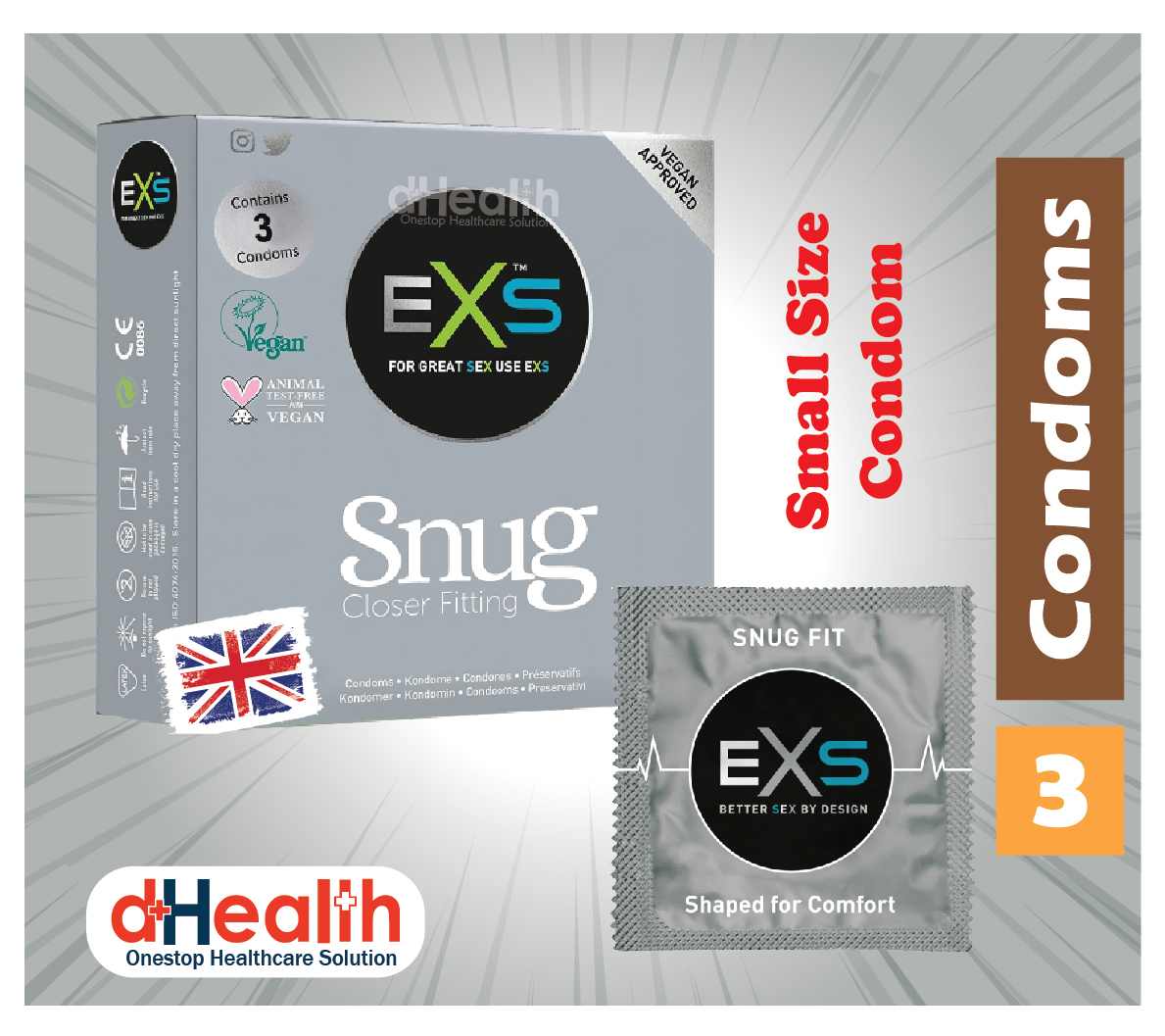 EXS Snug condom, small size condom, fit condom, closer fitting condom, tight fit  condom, Single pack (3x1=3pcs)