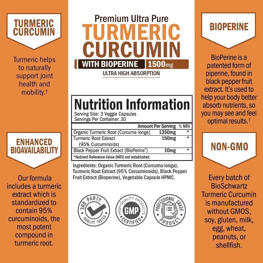 Bio Schwartz Turmeric Curcumin with Black Pepper Extract 1500mg - High Absorption Ultra Potent Turmeric Supplement with 95% Curcuminoids and BioPerine - Non GMO Tumeric Capsules for Joint Support - 90 Capsules. 