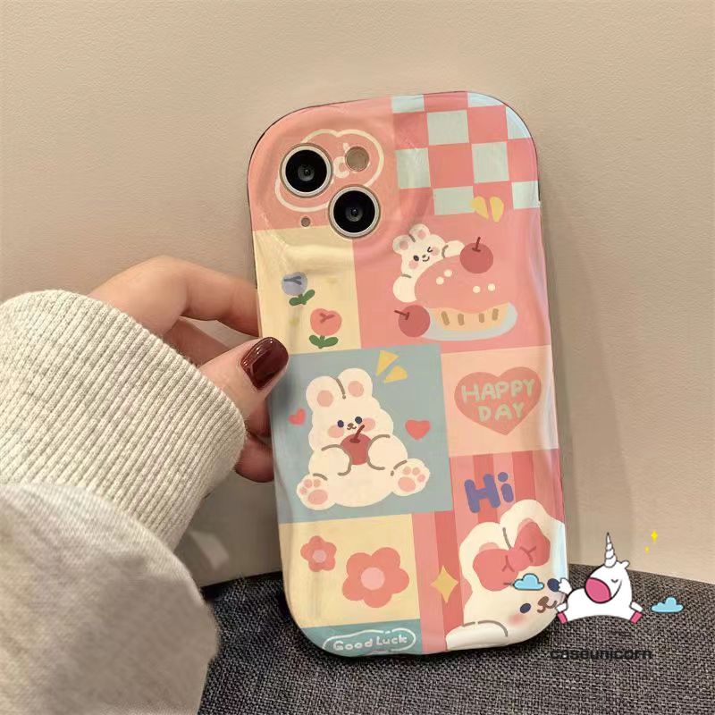 Colored Plaid Bear Rabbit Case For Realme C53 C35 9i 11 5 6i C15 C12 C25 C17 8i 5i 7 5s C11 C17 C55 C51 C30 C25Y C21 C25s C20 C31 C21Y C33 C3 Bunny Doodle 3D Soft Cover. 