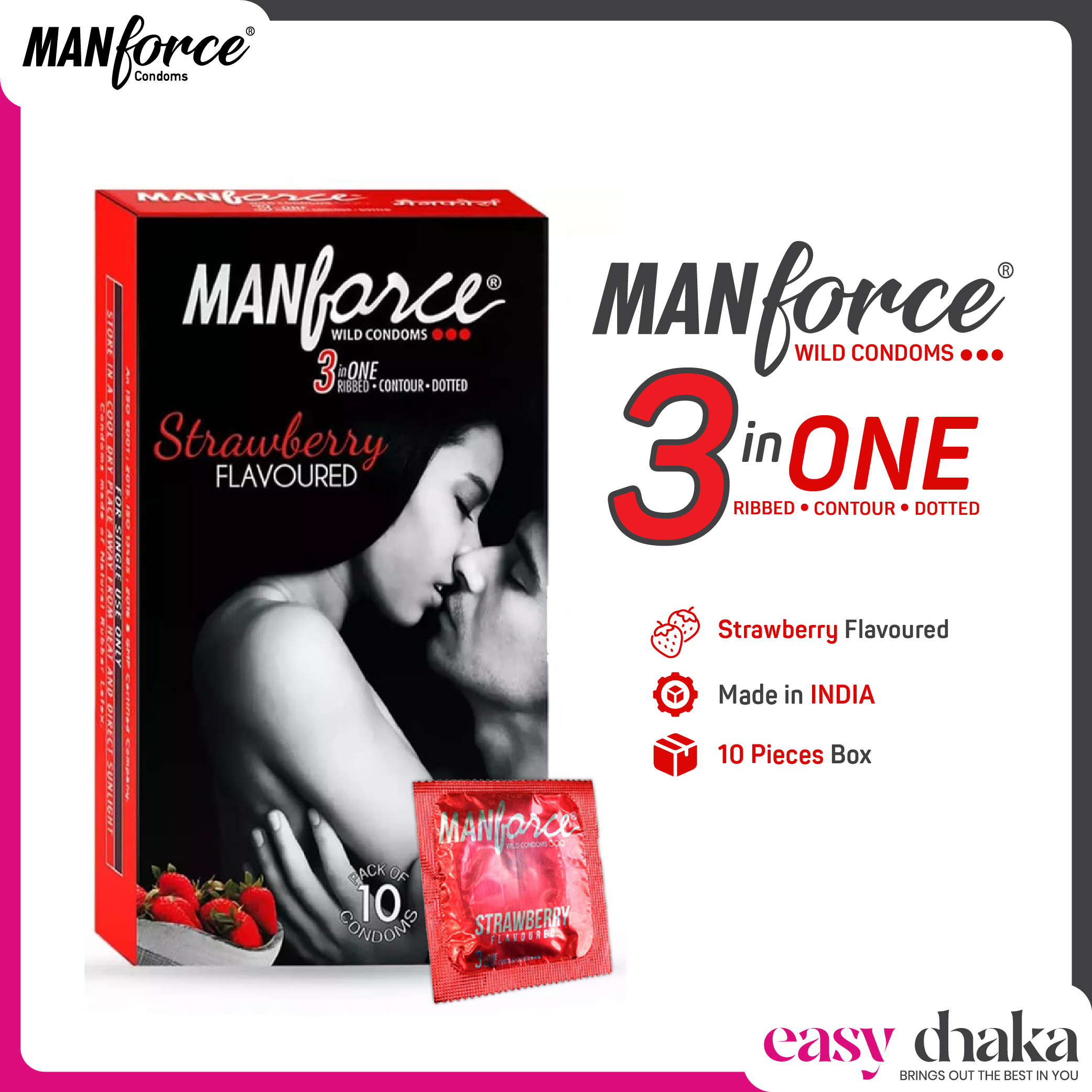 Manforce Wild Condom 3 In1 Strawberry Flavour 10 Pcs Pack (Made in India)