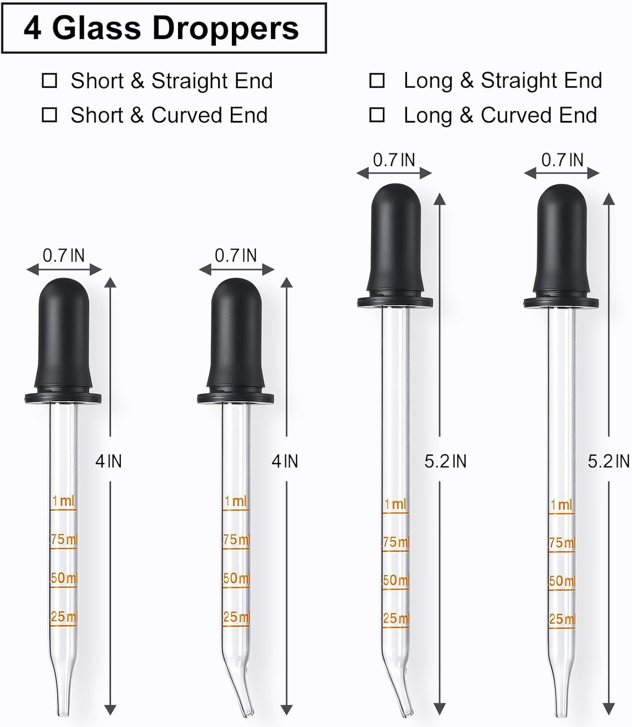 4pcs 1mL Glass Eye Dropper with Measurement Long Short Bent Straight Tip Calibrated Accurate Dose Pipette Dropper Essential Oils. 