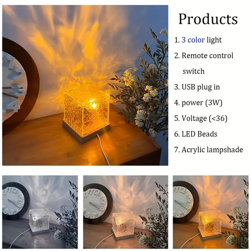 Dynamic Rotating Water Ripple Projector Night Light Water Ripple Cube Colorful Night Light Flame Crystal Lamp LED Table Lamp. 