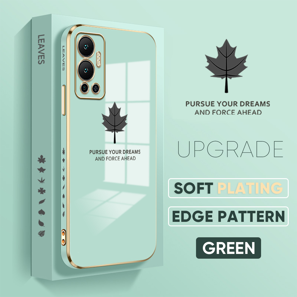 Jizetin (Free Lanyard) for Infinix Hot 12 Back Cover Maple Leaf Luxury 6D Plating Case Side Pattern Soft Silicone Square Mobile Phone Cases