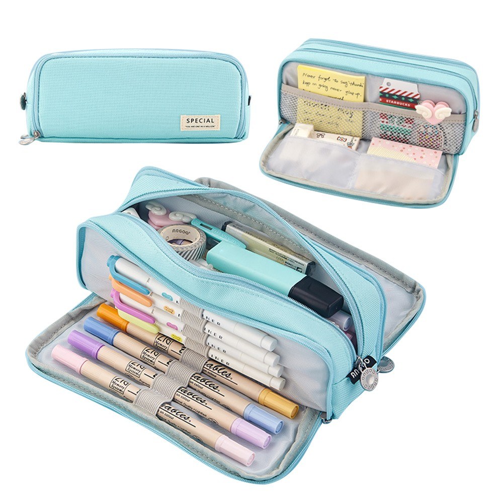 Pencil Case Large Capacity Pencil Pouch Box Stationery Zipper Pocket - blue. 