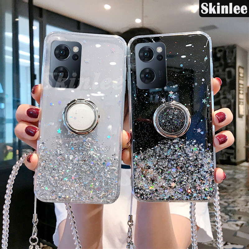Phone Case for OPPO Reno 7 Glitter Starry Sky Bling Ring Lanyard Shiny Soft Cases for OPPO Reno7 Transparent Holder Stand Back Cover Stars Girls