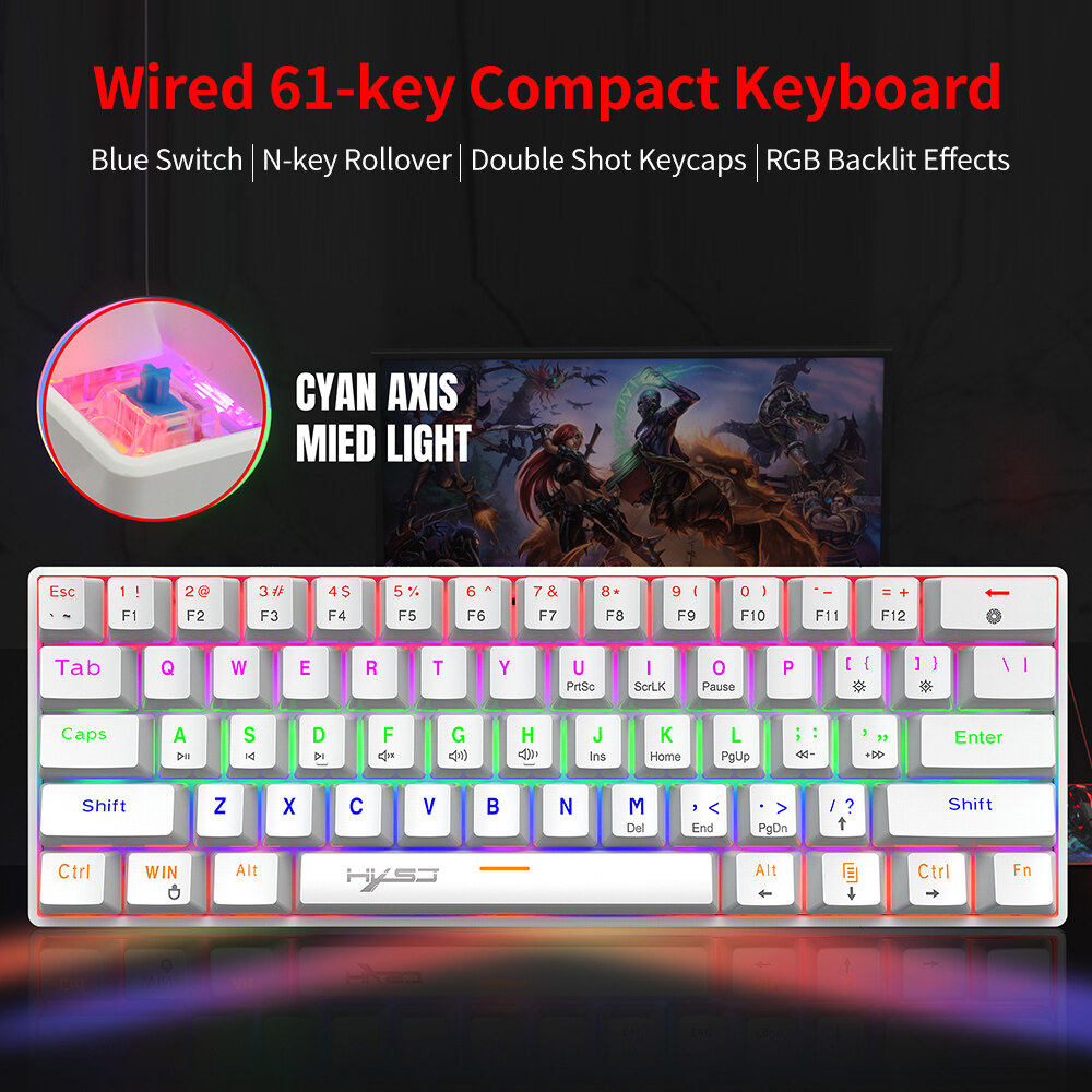 HXSJ V900 Wired 61 Keys Compact Mechanical Keyboard RGB Backlit Keyboard N-key Rollover Blue Switch Double Shot Keycaps, White. 