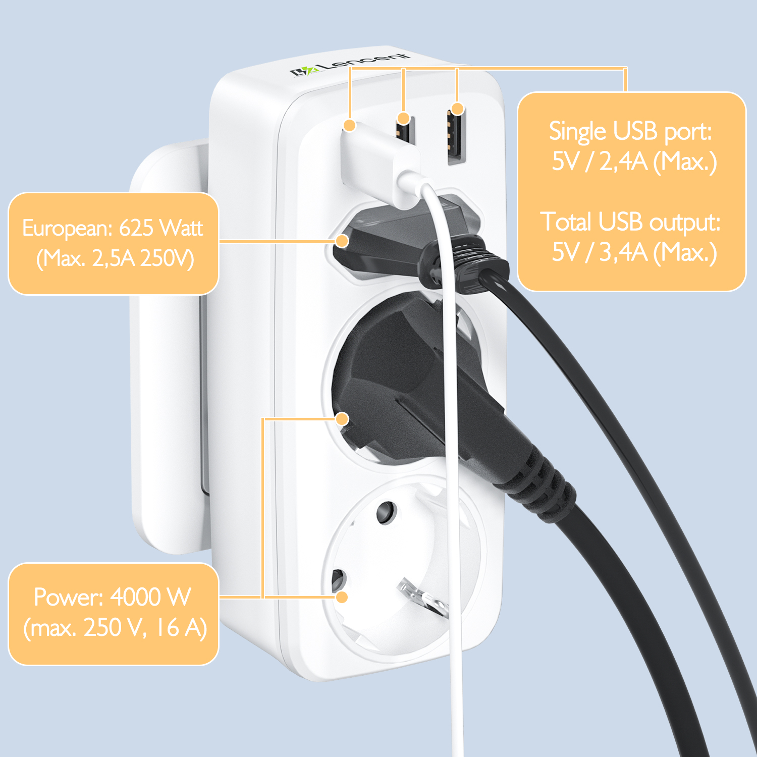 LENCENT USB Wall Charger Socket Adapter 6 in 1 Multi-Plug, Triple Multi-Plug, 3-Way Multi-Socket, Double 4000W Schuko and 1 Bangladesh Multi-Socket with 3 USB Charger Plugs for Mobile Phones. 