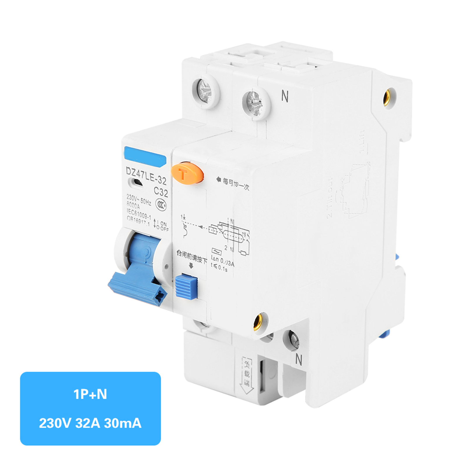 DZ47LE-32 1P+N C32 RCCB Residual Current Circuit Breaker 30mA 230/400V. 