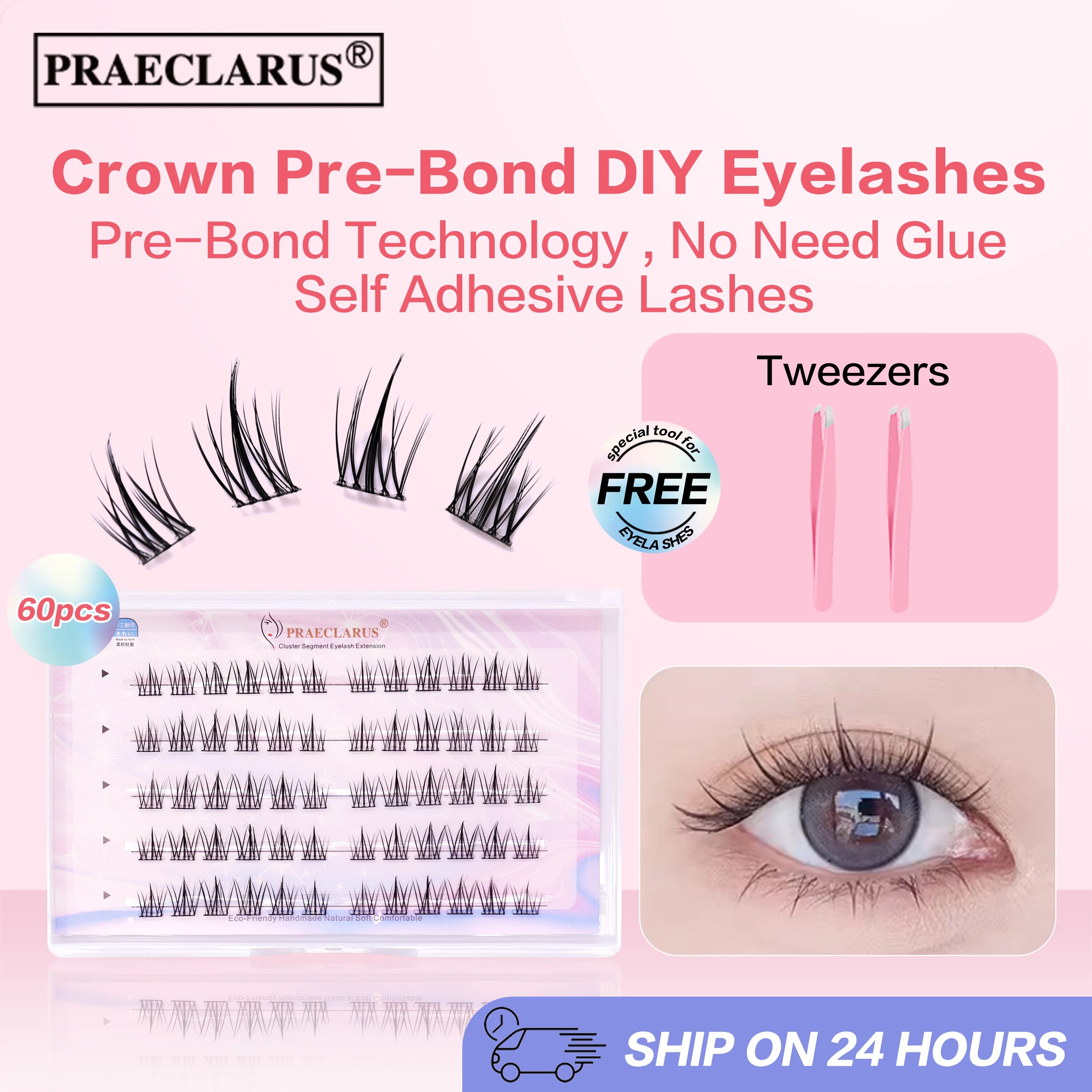 [No Need Glue]PRAECLARUS Crown Pre-Bond Technology No Glue Needed DIY Eyelash Self Adhesive Realistic Eyelash Reusable Natural