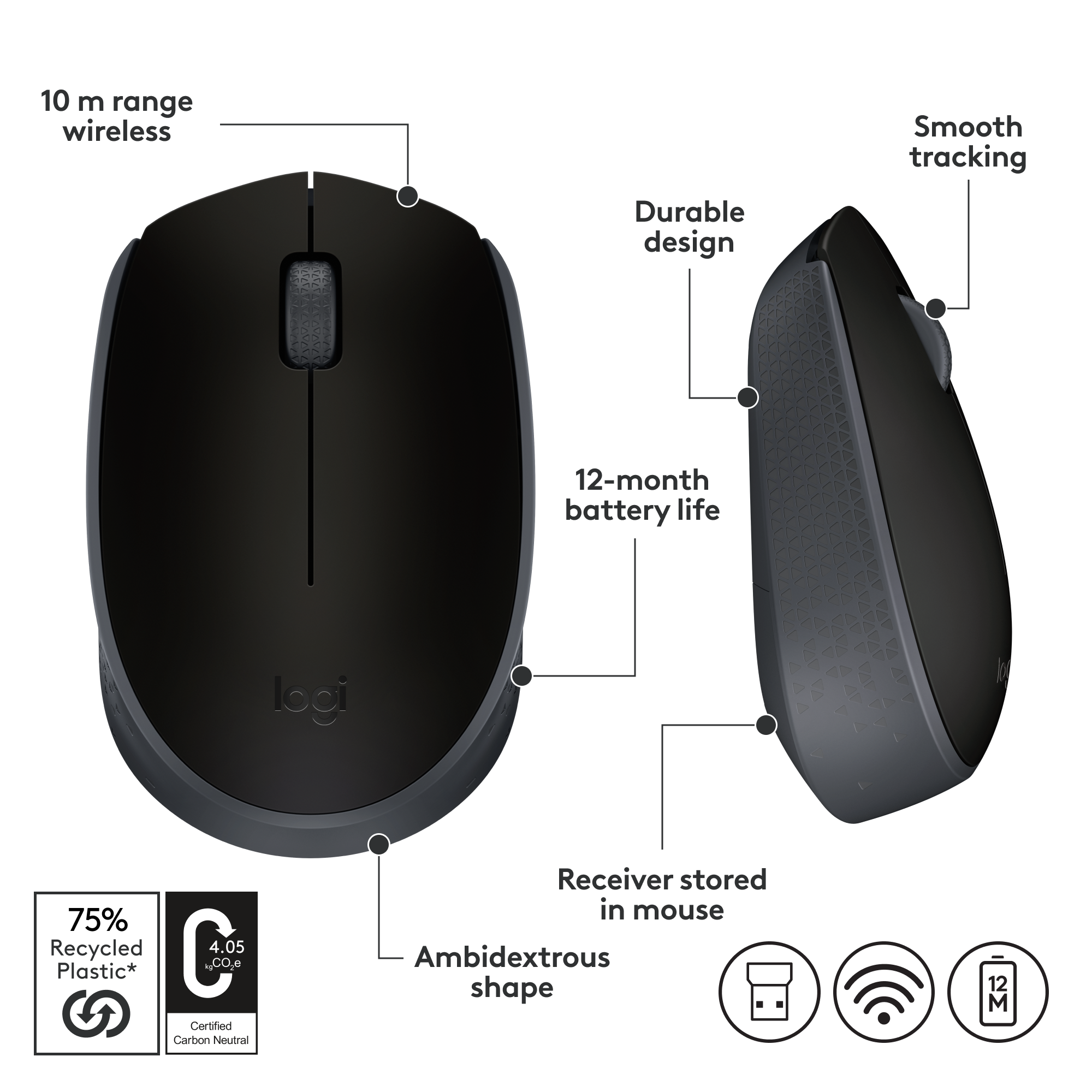 Logitech M171 Wireless Mouse, 2.4 GHz with USB Nano Receiver, Optical Tracking, 12-Months Battery Life, Ambidextrous, PC / Mac / Laptop. 