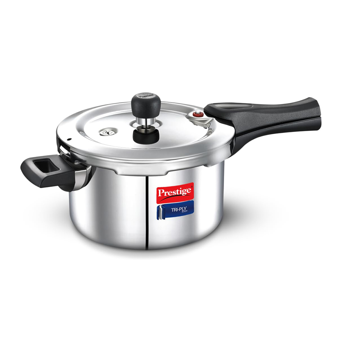 Prestige Triply Outer Lid Induction Compatible Pressure Cooker |Silver | Deep Lid Spillage Control | Even heat distribution-6Ltrs