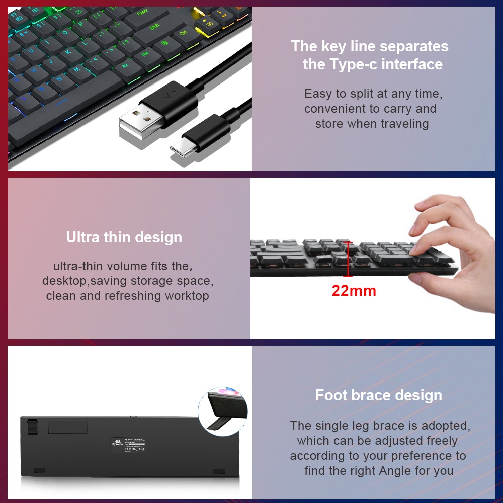 REDRAGON APAS K535-KB RGB USB Mini Slim Ultra-Thin Designed Wired Mechanical Gaming Keyboard Blue Switch 104 Keys for Compute PC. 