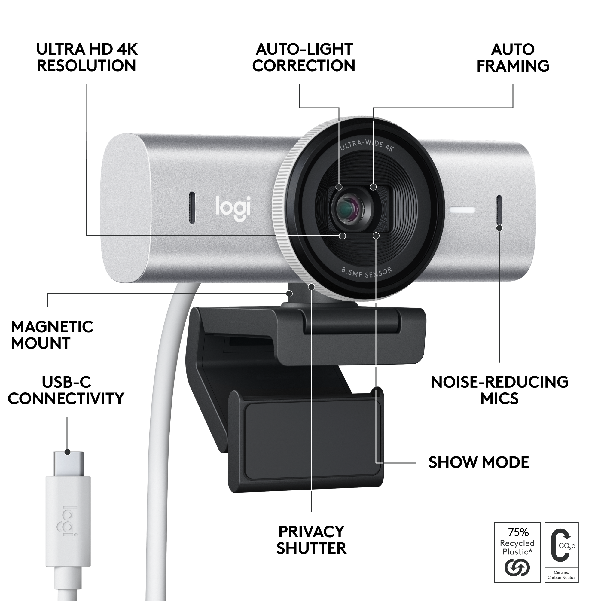 Logitech MX Brio Ultra HD 4K Streaming Webcam, 1080p at 60 FPS, USB-C, Webcam Cover, Works with Microsoft Teams, Zoom, Google Meet. 