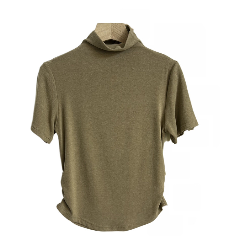Modal Rayon Pleated Waist Tight Half Turtleneck Short Sleeve on Both Sides T Women's Short T-shirt. 