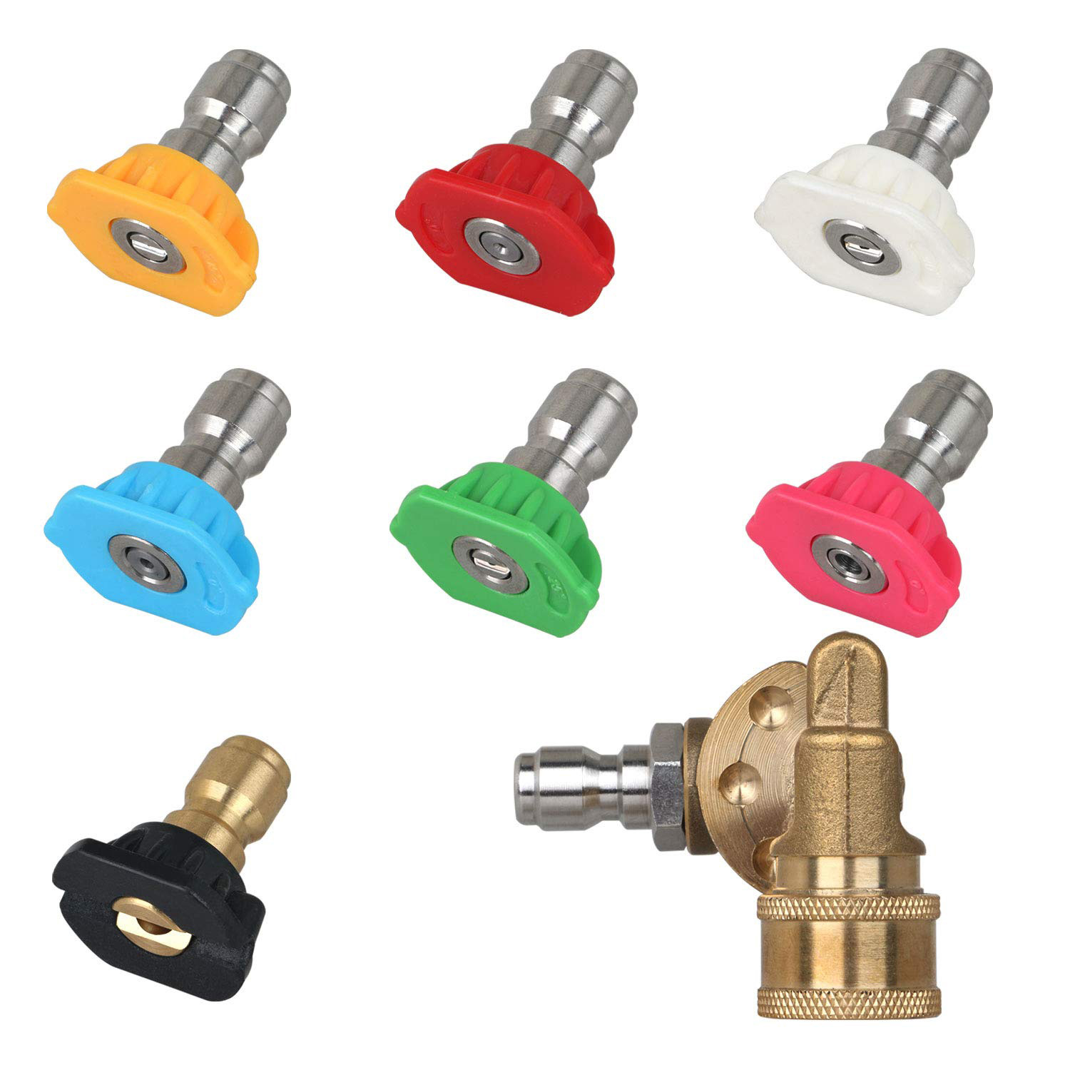 1 set Universal Power Pressure Washer Spray Nozzle Tips and Quick Connect Pivot Adapter Coupler & 1pcs Pressure Washer 6-In-1 Spray Nozzle Tip, 1/4In Quick Connector Max 4000 Psi. 