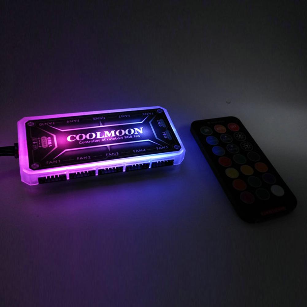 Group Vertical Coolmoon RGB Remote Controller Dc12v 5a Led Smart Fan Controller With 10pcs 6-pin Fan Ports 2pcs 4-pin Light Bar Ports. 