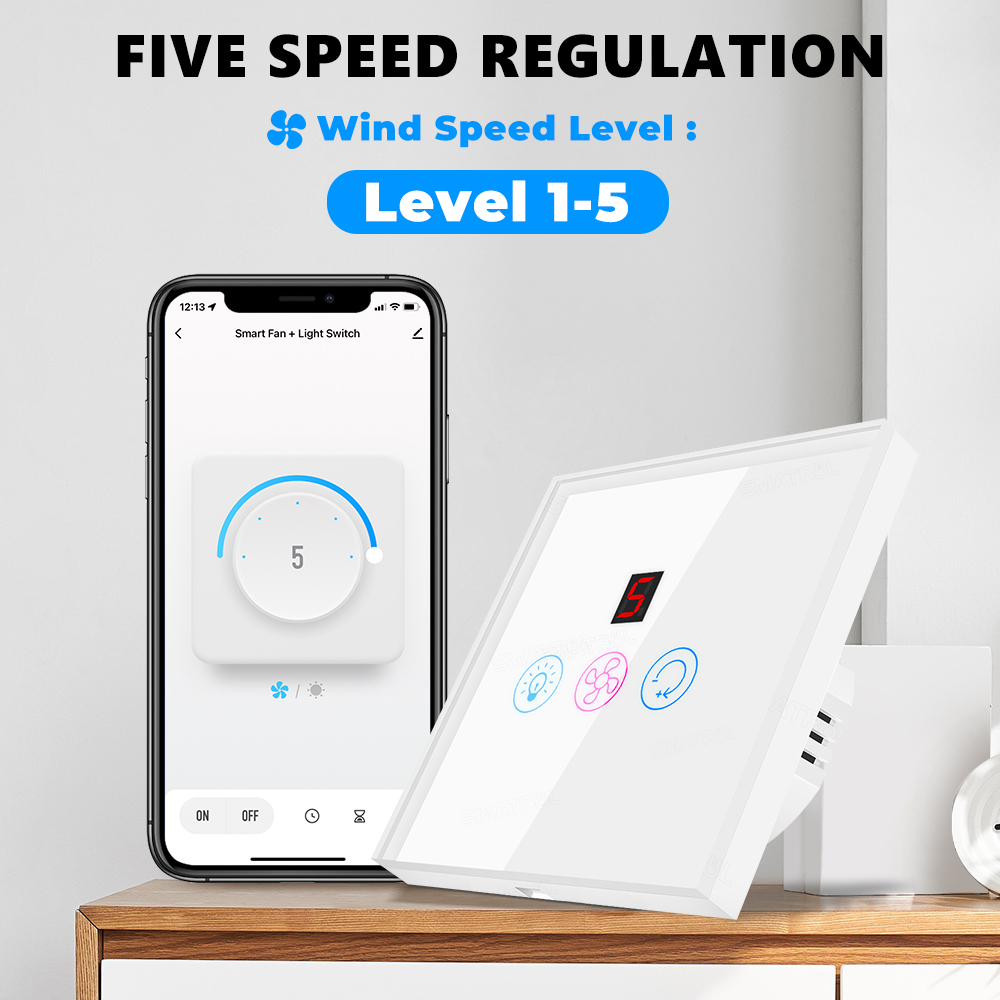 Wifi Smart Fan Light Switch with Speed Control Glass Panel Can Control Remotely Work for Tuya Alexa Google Home Smart Life. 
