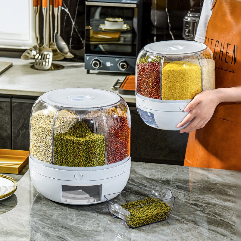 6-Grid Rotating Grid Grain Rice Dispenser Sealed Cereal Separate Bucket Dry Food Container Round Rice Storage Tank Storage Box. 