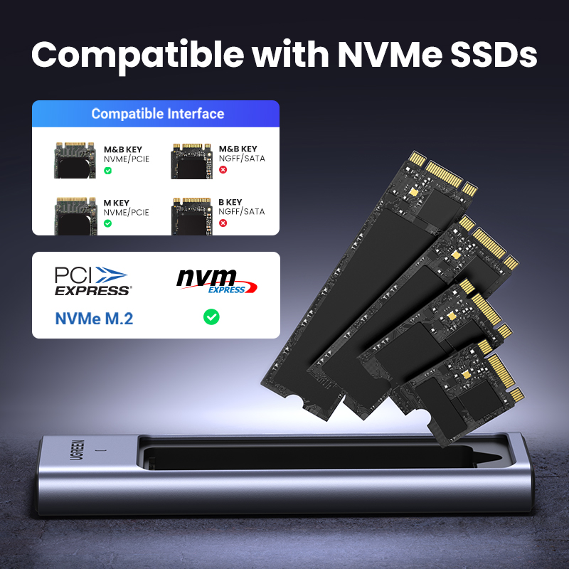 UGREEN M.2 NVMe SATA SSD Enclosure Adapter, Dual Protocol 10Gbps USB 3.2 Gen2, USB C External Enclosure Supports M and B&M Keys and Size 2230 /2242 /2260 /2280 SSDs. 