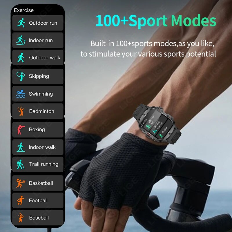 LIGE 2024 Smart Watches Men's Rugged Military Bluetooth Call Sport Heart Rate IP68 Waterproof Outdoor Smartwatch for Android IOS. 