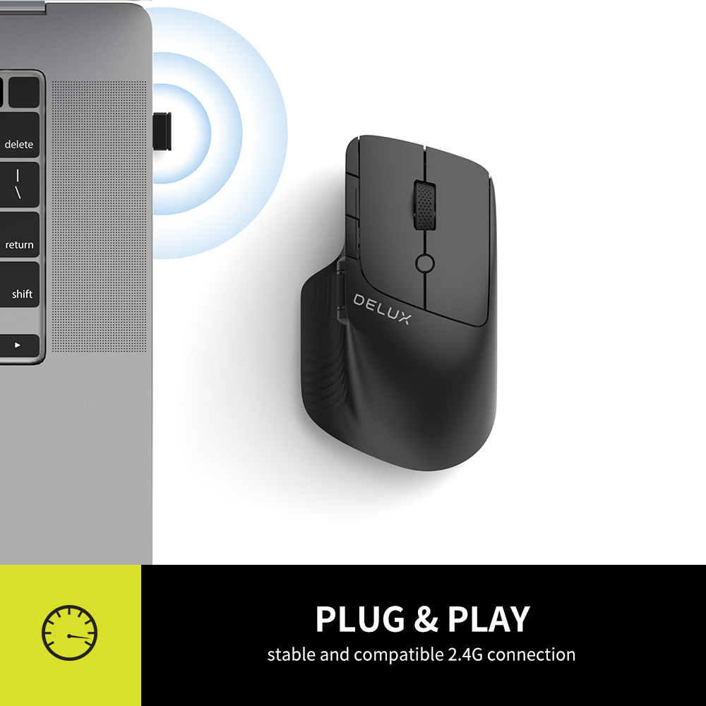 Delux M913GX Wireless Bluetooth Mouse with Side Scroll Wheel Multi-Device Ergonomic Mouse with 1600DPI 7 Buttons For PC Computer. 