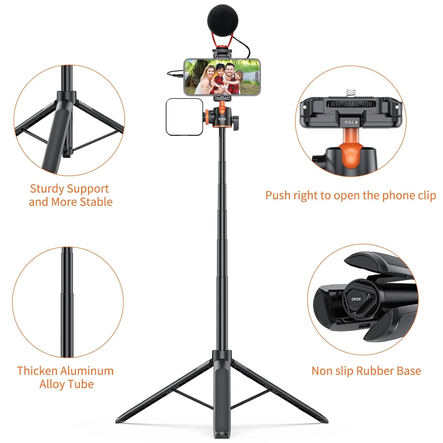 VRIG TP16 Camera Tripod, 55 inch Extendable Phone Selfie Stick Camera Tripod Stand with 2 in 1 Phone Clip, 5 Levels Adjustment 360° Ball Head Loads Up for iPhone Sony Canon GoPro. 