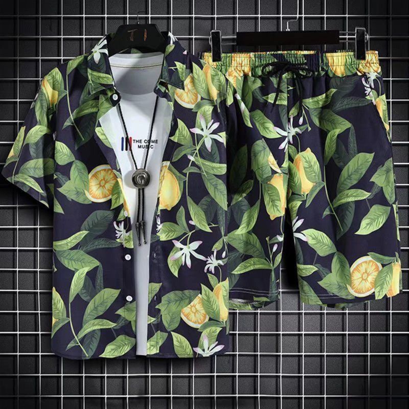 Hawaiian Style Beach Pants Men's Loose Quick-Dry Casual Suit Printed Shirt Shorts Couple plus Size Set