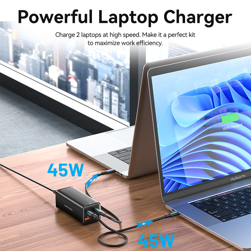 Vention 100W GaN Charger fast Charger Type C Adapter iphone Four ports fast charging  2USB-C + 2USB-A Charger Macbook Samsung Xiaomi Huawei Vivo Charger Adapter USB Plug Socket USB C Adapter Quick PD Charger. 