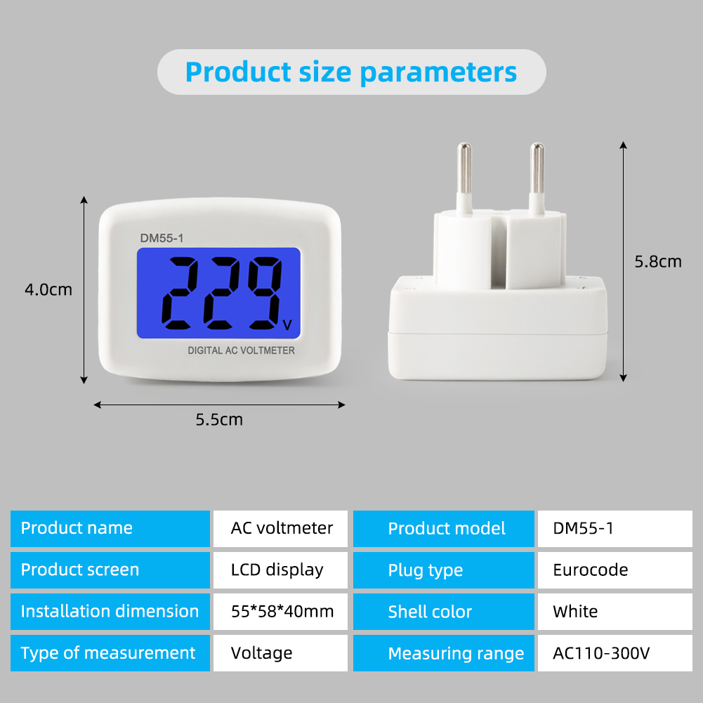 YIERYI DM55-1 Tester Plug-in Voltmeter 110V-300V Digital Voltmeter EU Plug. 