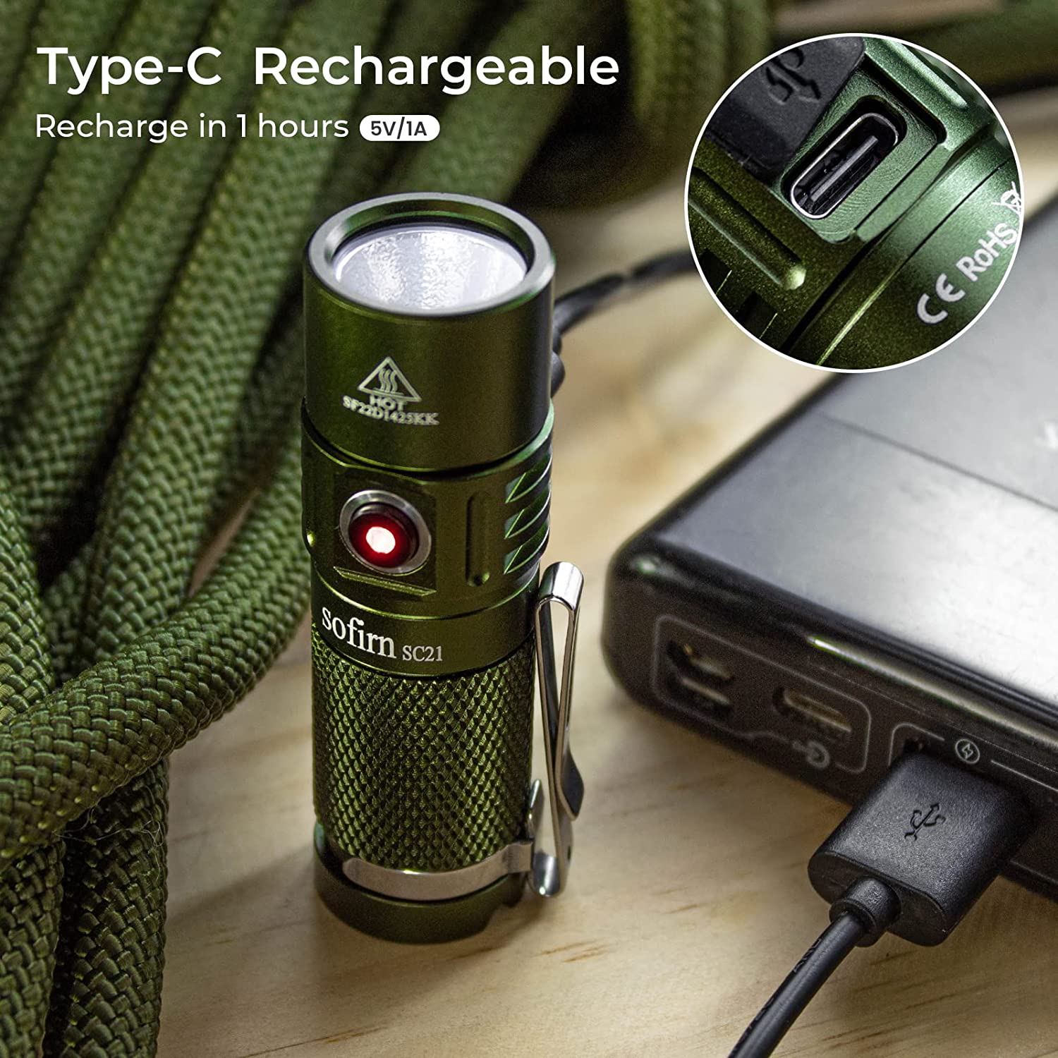 Sofirn SC21 USB C Rechargeable LED Flashlight 16340 Mini Torch 1000LM LH351D 90CRI with Magnet Tail. 