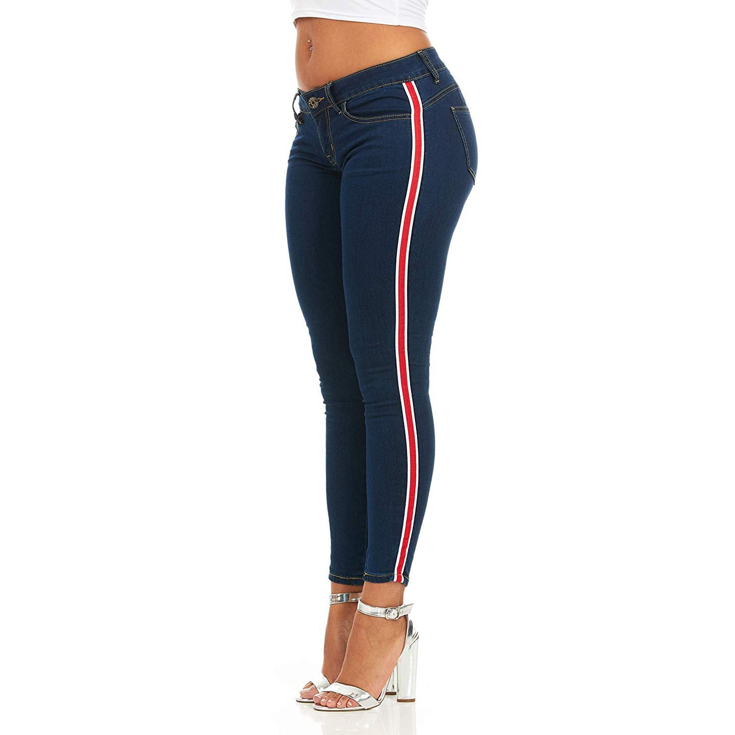 womens denim jeans with side stripe