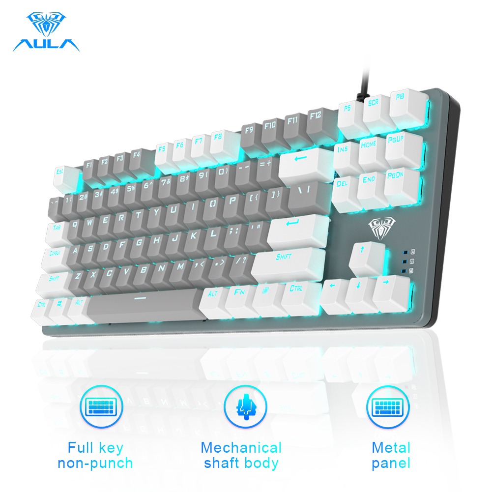 AULA F3287 Wired TKL Rainbow Mechanical Gaming Keyboard, 80% Compact Tenkeyless 87 Keys Layout w/Tactile Blue Switches, White & Grey Mixed-Color Keycaps, Programmable Macro Keys. 