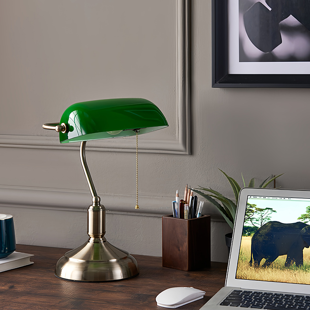 GC Vintage Desk Lamp Green Glass Antique Table Lights With Brass Base Wireless Rechargeable Pull Chain Traditional Library Lamp. 
