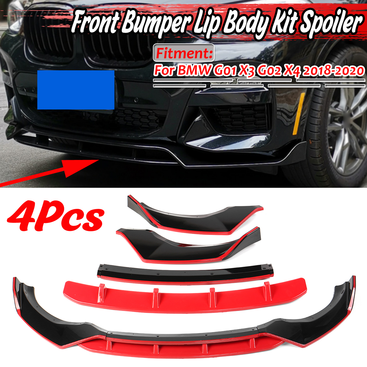 motor tool For BMW G01 X3 G02 X4 2018-2020 Black Red Front Bumper Lip Body Kit Splitter 4X