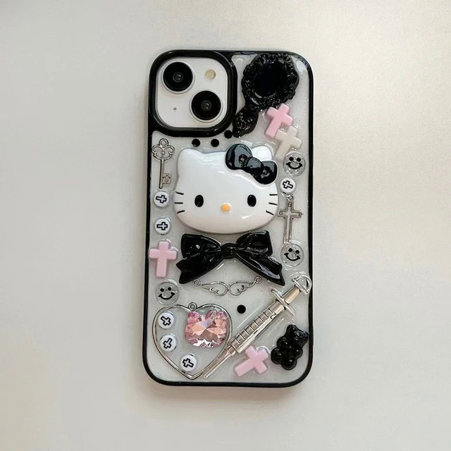 【Emotion HENG】Sanrio 3D Hello Kitty with bracelet clear phone case for iPhone 15 14 13 12 11 pro Max 15pro anti-fall back cover Y2K girl gift. 