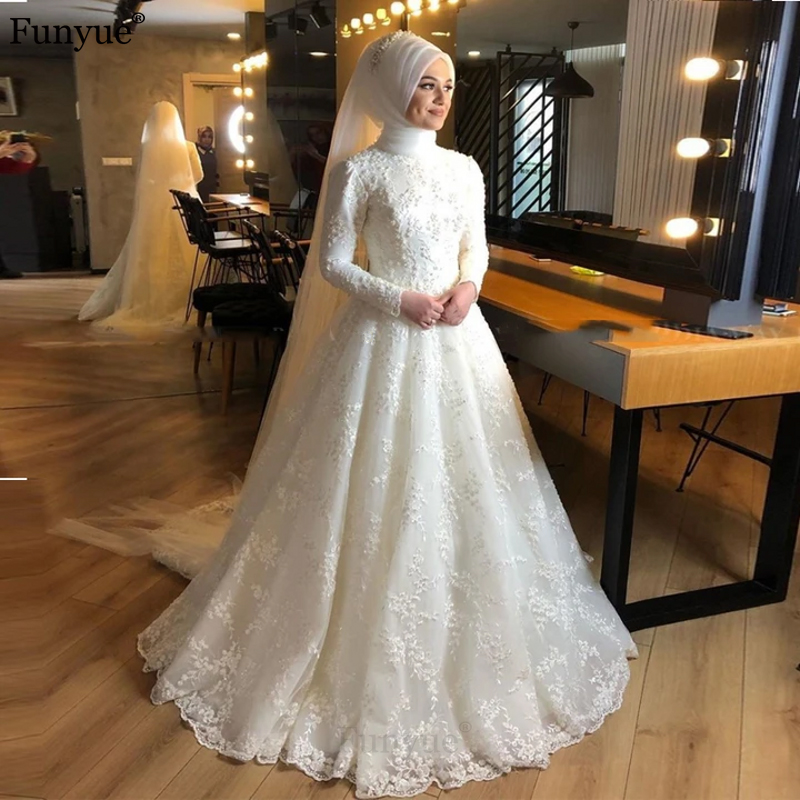 Islamic Full Lace Pearls Muslim Wedding Dress High Neck Hijab