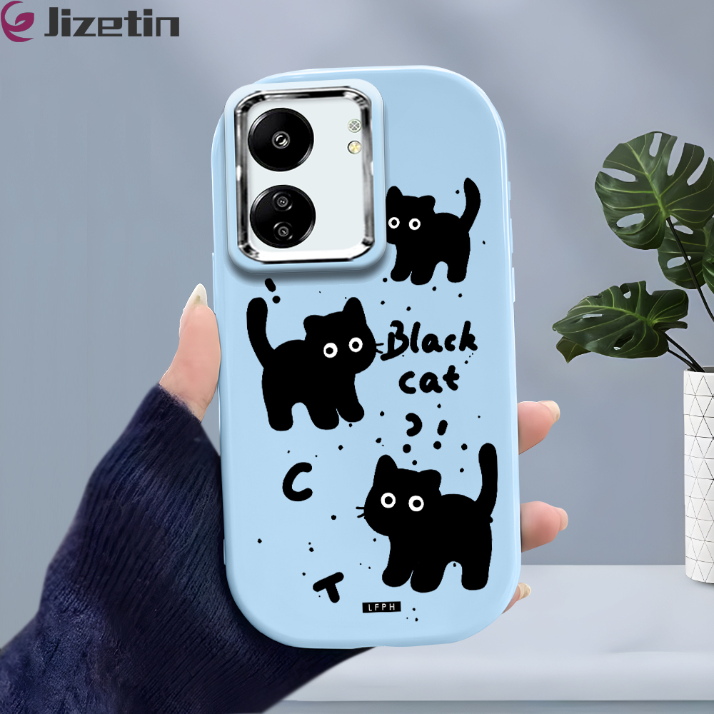 Jizetin for Redmi 13C Xiaomi Poco C65 Back Cover Cute Black Kitten Bright Lens Frame Candy Soft Rubber Phone Cases