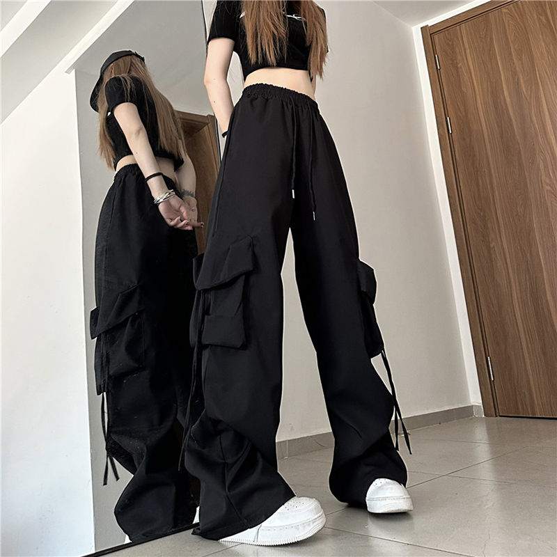 American-Style Retro Thin Quick-Drying Overalls for Women High Waist Slimming All-Matching Straight Wide Leg Casual Mopping Trousers Trendy Summer. 