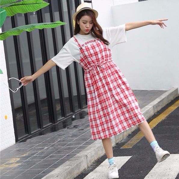 Pink plaid overall outlet dress