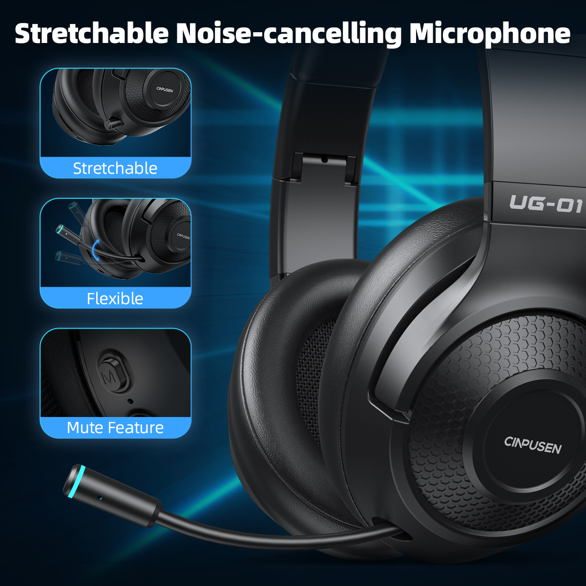 CINPUSEN UG-01 2.4Ghz Wireless Gaming Headset for PC, PS5, PS4, MacBook, with Microphone, Soft Earmuff - 40 Hours Playtime. 