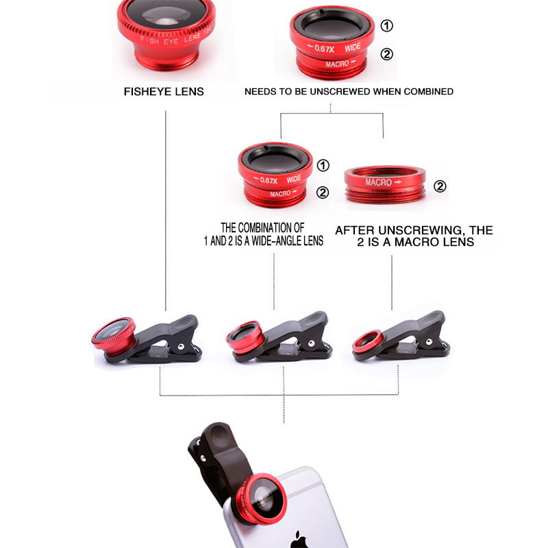 3in1 Fisheye Lens Wide Angle Micro Camera Lens for iPhone Samsung Xiaomi Zoom Fish Eye Len for Smartphone Lenses with Phone Clip. 