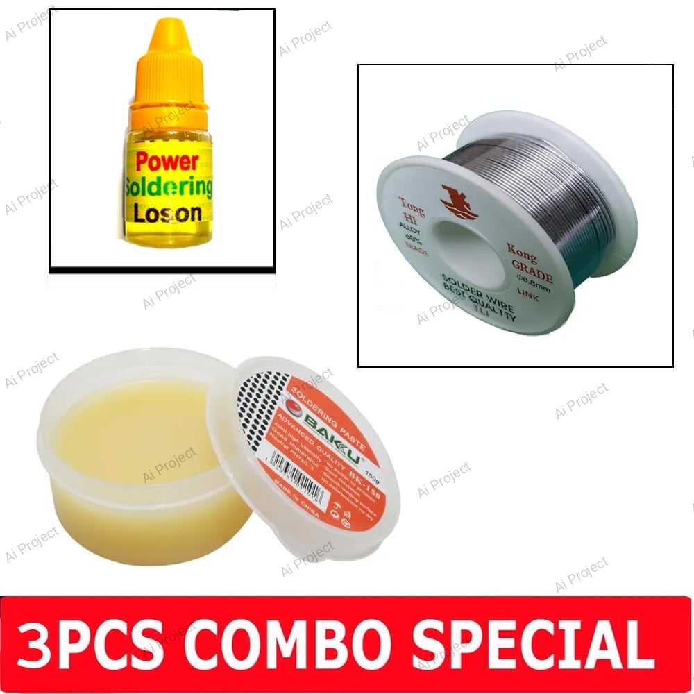 Soldering Tools Kit Combo (soldering wire+Paste + Loson Liquid 3 in 1 ). 