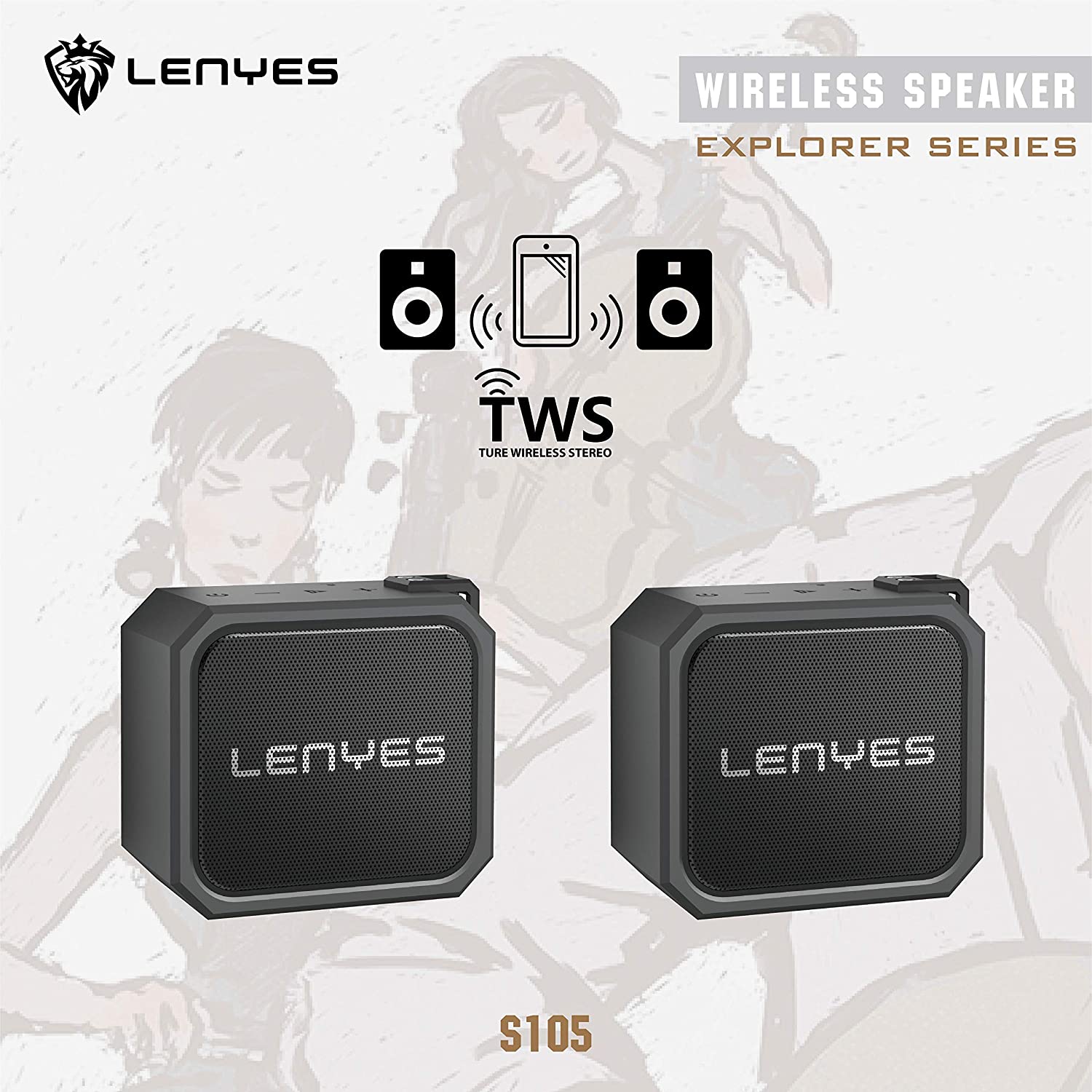 LENYES S105 Military Grade IPX7 Waterproof Bluetooth Speakers, TWS Full Range Loudspeaker Shockproof & Dust-Proof Multiple Protection, Build-in Lithium Battery (Black). 