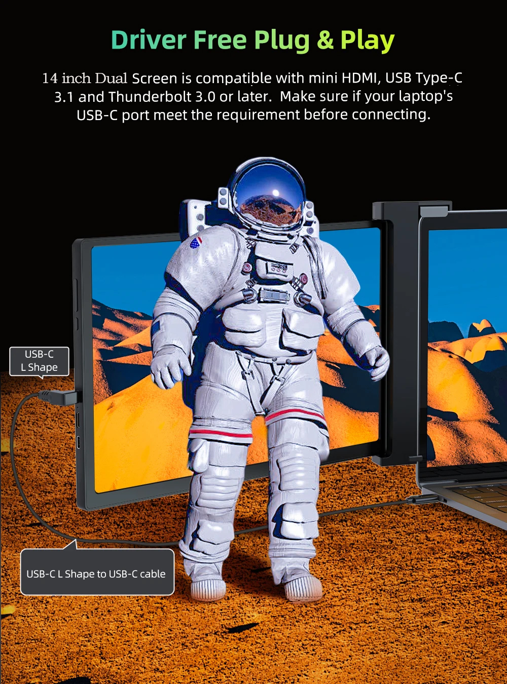 Cdisplay 2K 14 inch Three Screen Display Portable Monitor 2240*140016:10 USB-C HDMI Screen Extender for 13-17 Laptop PC. 